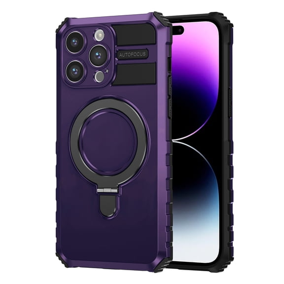 For Apple iPhone 16 Pro Dual Layer Protection Metal Magnetic Ring Kickstand Magsafe Wireless Charging Car Mount Holder Shockproof Hybrid Case Cover Purple