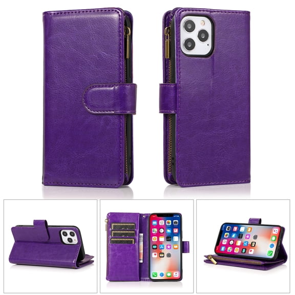 For Apple iPhone 16 Pro Max (6.9") Leather Zipper Wallet Case 9 Credit Card Slots Cash Money Pocket Clutch Pouch Stand & Strap Cover, XPM Phone Case [Purple]