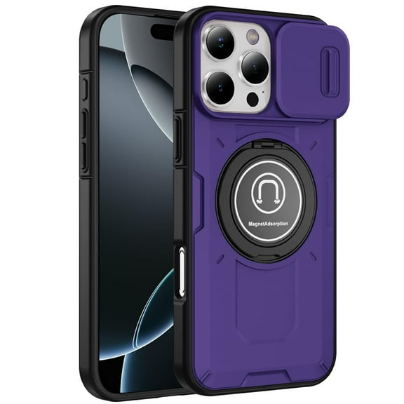 For Apple iPhone 16 Pro Max Case, Build in Invisible Magnetic Ring Stand with Slide Camera Protector, fit Magnetic Car Mount [Compatible with MagSafe] Phone Cover (Purple)