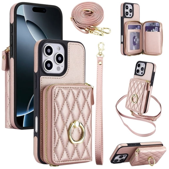 For Apple iPhone 16 Pro Max RFID Blocking Wallet Case Magnetic Flip Cover Multi-Card Slots Zipper Pocket With 360 ° Rotating Ring Holder Detachable Shoulder Strap And Wrist Strap,Rose gold