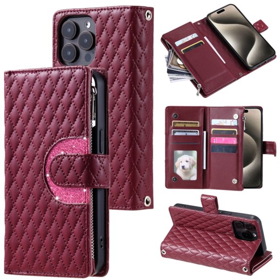 For Apple iPhone 16 Pro Max Wallet Case Grid Texture Magnetic Flip Cover 9-Card Slots Zipper Pocket With Detachable Shoulder Strap And Wrist Strap,Wine red,For iPhone 16 Pro Max