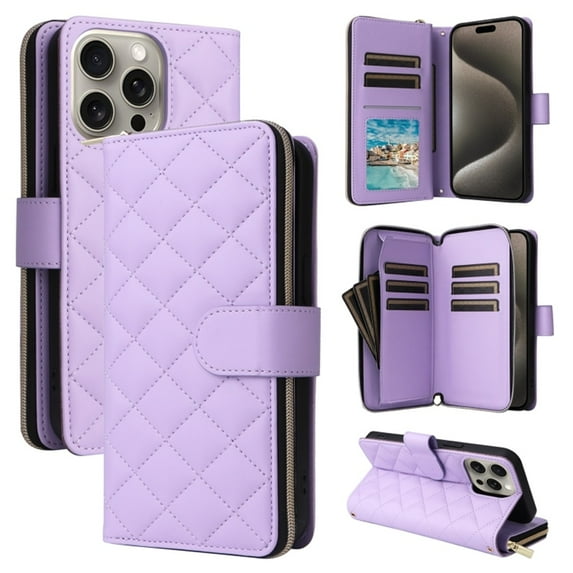 For Apple iPhone 16 Pro Max Wallet Case Magnetic Flip Cover 9-Card Slots Zipper Pocket With Detachable Shoulder Strap And Wrist Strap,Purple,For iPhone 16 Pro Max