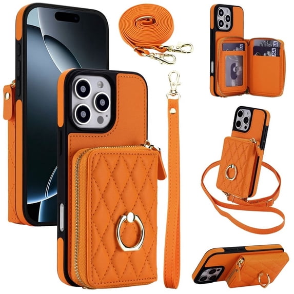 For Apple iPhone 16 Pro RFID Blocking Wallet Case Magnetic Flip Cover Multi-Card Slots Zipper Pocket With 360 ° Rotating Ring Holder Detachable Shoulder Strap And Wrist Strap,Orange,For iPhone 16 Pro
