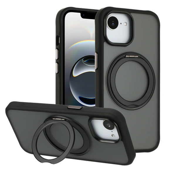 For Apple iPhone 16E / iPhone 15 / iPhone 14 / iPhone 13 Pro / iPhone 13 Wireless Magnetic Charging 360 Rotating Ring Kickstand Car Mount Holder Shockproof Protective Hybrid Case Cover Black