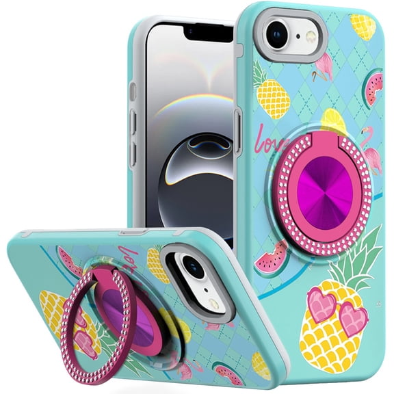 For Apple iPhone 16e Case, Pattern Design Hybrid with Invisible Ring Stand & Magnetic Back, Shockproof Protective Grip Phone Cover (Pineapple Love Vibe)
