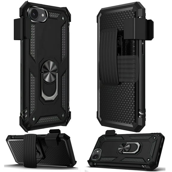 For Apple iPhone 16e Hybrid Combo Belt Clip Holster with Ring Stand Holder, Military Grade Fit Magnetic Car Mount Shockproof Cover, XPM Phone Case [Black]