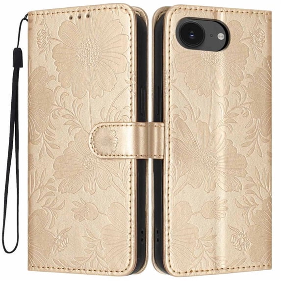 For Apple iPhone 16e / iPhone 17e 6.1" Flower Embossed Buckle Case, Card Slots/Pocket, PU Leather Flip Wallet Case With Short Wrist Strap,Gold,For iPhone 16e / 17e