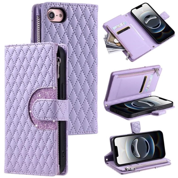 For Apple iPhone 16e / iPhone 17e Wallet Case Grid Texture Magnetic Flip Cover 9-Card Slots Zipper Pocket With Detachable Shoulder Strap And Wrist Strap,Purple,For iPhone 16e / 17e