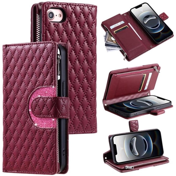 For Apple iPhone 16e / iPhone 17e Wallet Case Grid Texture Magnetic Flip Cover 9-Card Slots Zipper Pocket With Detachable Shoulder Strap And Wrist Strap,Wine red,For iPhone 16e / 17e