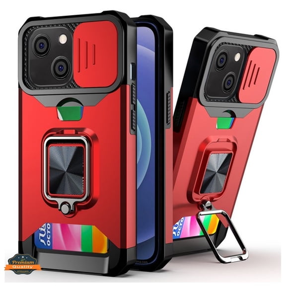For Apple iPhone 16e /iPhone SE4 Wallet Case with Slide Camera Protector, Credit Card Slot, Ring Sand, Magnetic Car Mount Phone Case Cover Red