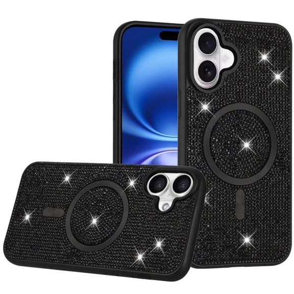 For Apple iPhone 17 (6.3") Phone Case, Sparkly Diamond Bling Case Rhinestone Skin Hybrid with Magnetic Circle, MagSafe Compatible Cover for iPhone 17 - Black