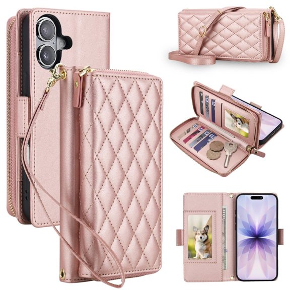 For Apple iPhone 17 6.3"【RFID Blocking 】Diamond Grid Wallet Case Magnetic Flip Cover 7-Card Slots Zipper Pocket With Detachable Shoulder Strap And Wrist Strap,Rose gold,For iPhone 17