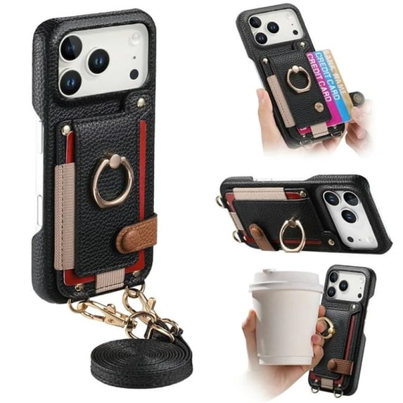 For Apple iPhone 17 Pro 6.3" Phone Case Wallet With Card Holder,PU Leather Case,Ring Holder Kickstand Magnetic Protective Women Men Cover With Shoulder Strap,Black,For iPhone 17 Pro