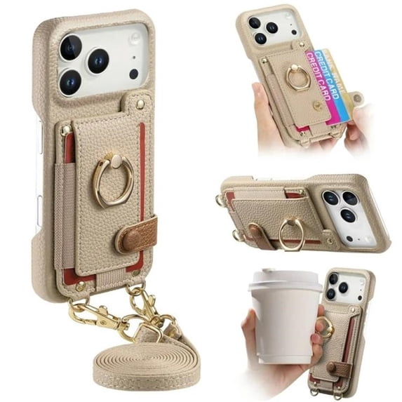 For Apple iPhone 17 Pro 6.3" Phone Case Wallet With Card Holder,PU Leather Case,Ring Holder Kickstand Magnetic Protective Women Men Cover With Shoulder Strap,Khaki,For iPhone 17 Pro