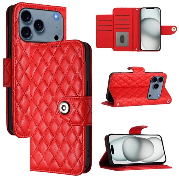 For Apple iPhone 17 Pro Argyle Pattern PU Leather Wallet Case Magnetic Flip Cover 7-Card Slots Pocket With Detachable  Wrist Strap,Red,For iPhone 17 Pro