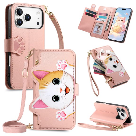 For Apple iPhone 17 Pro Case Cat Pattern Buckle Zipper Wallet 5-card Flip Wallet Leather With Card Holder Magnetic Closure Phone Cases Cover With Shoulder Strap and Wrist Strap,Pink