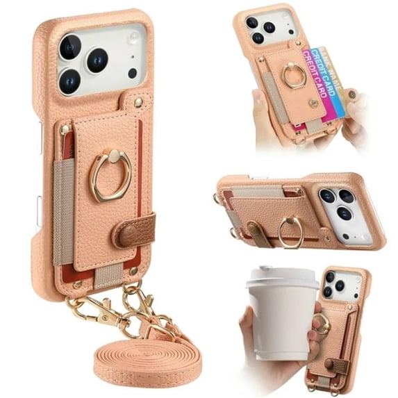 For Apple iPhone 17 Pro Max 6.9" Phone Case Wallet With Card Holder,PU Leather Case,Ring Holder Kickstand Magnetic Protective Women Men Cover With Shoulder Strap,Pink,For iPhone 17 Pro Max