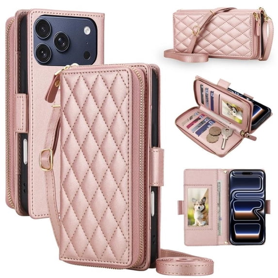 For Apple iPhone 17 Pro Max 6.9"【RFID Blocking 】Diamond Grid Wallet Case Magnetic Flip Cover 7-Card Slots Zipper Pocket With Detachable Shoulder Strap And Wrist Strap,Rose gold,For iPhone 17 Pro Max