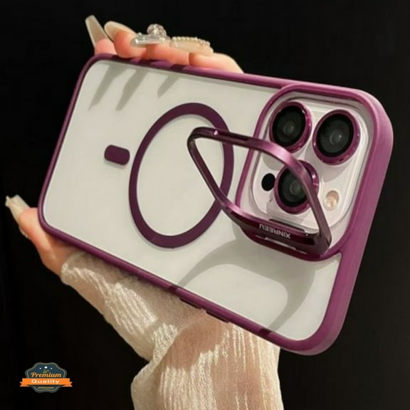 For Apple iPhone 17 Pro Max Phone Case Clear Back Hybrid with MagSafe Compatible Metal Camera Stand Colorful Bumper Frame Shockproof Cover Wine Red
