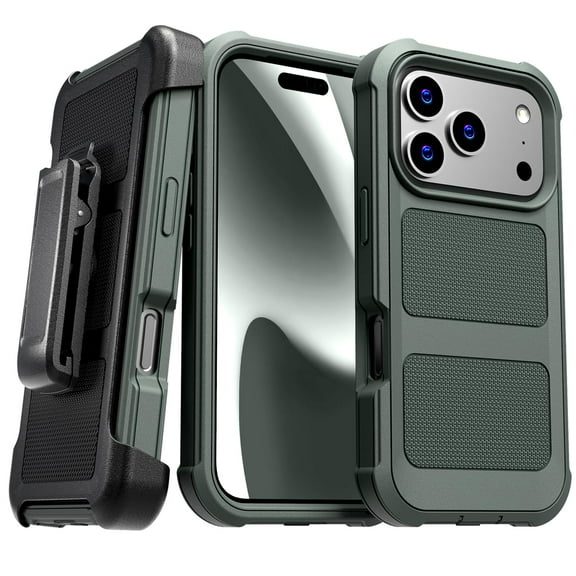 Apple iPhone 17 Pro Max Defender Rugged Case with Belt Clip Holster, Kickstand — Green
