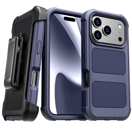 Apple iPhone 17 Pro Max Defender Rugged Case with Belt Clip Holster, Kickstand — Blue