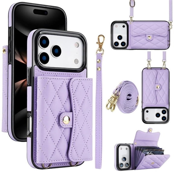 For Apple iPhone 17 Pro Max RFID Blocking Protective Purse Wallet Case Magnetic Flip Cover Multi-Card Slots Pocket With Detachable Shoulder Strap And Wrist Strap,Purple,For iPhone 17 Pro Max