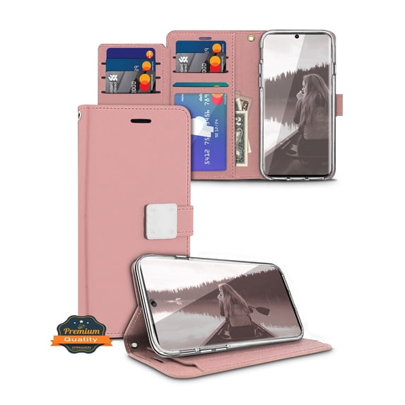 For Apple iPhone 17 Pro PU leather Wallet 6 Card Slots folio with Wrist Strap & Kickstand Pouch Flip Shockproof Screen Cover by Xpression - Rose Gold