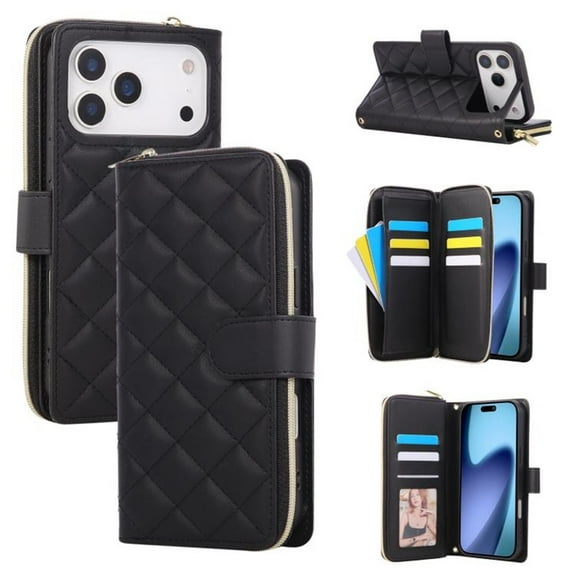 For Apple iPhone 17 Pro Wallet Case Magnetic Flip Cover 9-Card Slots Zipper Pocket With Detachable Shoulder Strap And Wrist Strap,Black,For iPhone 17 Pro