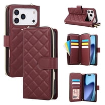For Apple iPhone 17 Pro Wallet Case Magnetic Flip Cover 9-Card Slots Zipper Pocket With Detachable Shoulder Strap And Wrist Strap,Wine red,For iPhone 17 Pro