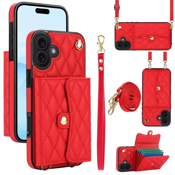 For Apple iPhone 17 RFID Blocking Protective Purse Wallet Case Magnetic Flip Cover Multi-Card Slots Pocket With Detachable Shoulder Strap And Wrist Strap,Red,For iPhone 17
