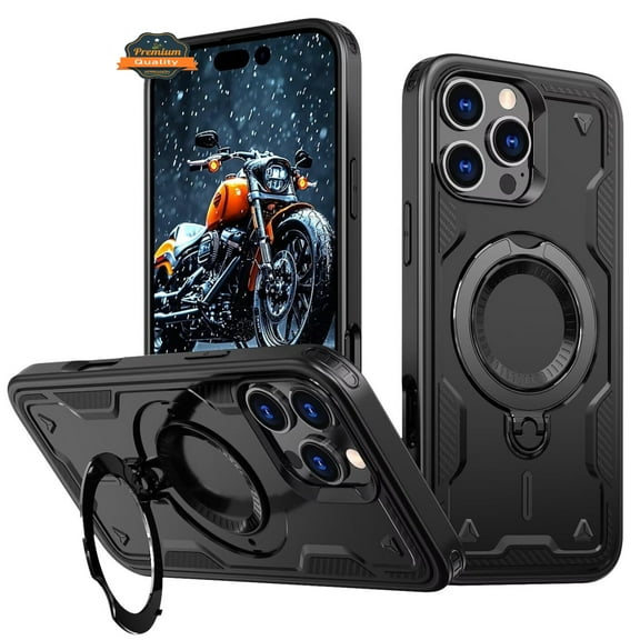 For Apple iPhone 17 Ring Holder Military-Grade Shockproof, Magnetic Kickstand, Large Twisting Compatible with MagSafe Screen Cover by Xpression - Black