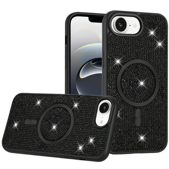 For Apple iPhone 17E /16E Phone Case, Sparkly Diamond Bling Case Rhinestone Skin Hybrid with Magnetic Circle, MagSafe Compatible Cover for Apple iPhone 17E /iPhone 16E - Black
