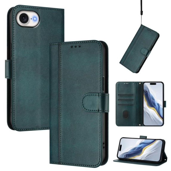 For Apple iPhone 17e / 16e 6.1inch Phone Case Wallet, Flip Leather TPU Cover with Card Holder Wrist Strap Shockproof Phone Case,Dark Green,For iPhone 17e / 16e