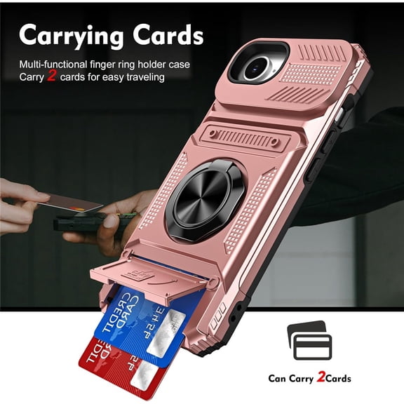 For Apple iPhone 17e/16e Phone Case with Finger Ring Holder Kickstand, Card Slots,Heavy Duty Shockproof Rugged Protective Working with Magnetic Car Phone Mount,Rose Gold