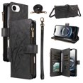 thumbnail image 1 of For Apple iPhone 17e Orchid Pattern Wallet Case, 9 Card Slots Zipper Pocket, Detachable Wrist & Shoulder Strap, Magnetic Shockproof Protective Phone Case,Black,For iPhone 17e, 1 of 9