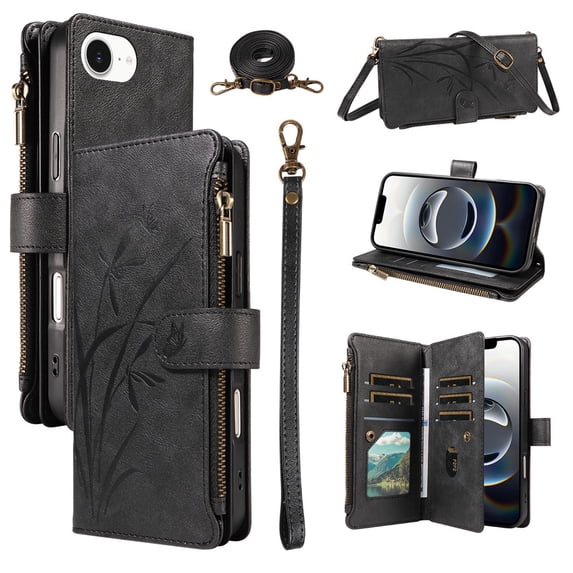 For Apple iPhone 17e Orchid Pattern Wallet Case, 9 Card Slots Zipper Pocket, Detachable Wrist & Shoulder Strap, Magnetic Shockproof Protective Phone Case,Black,For iPhone 17e