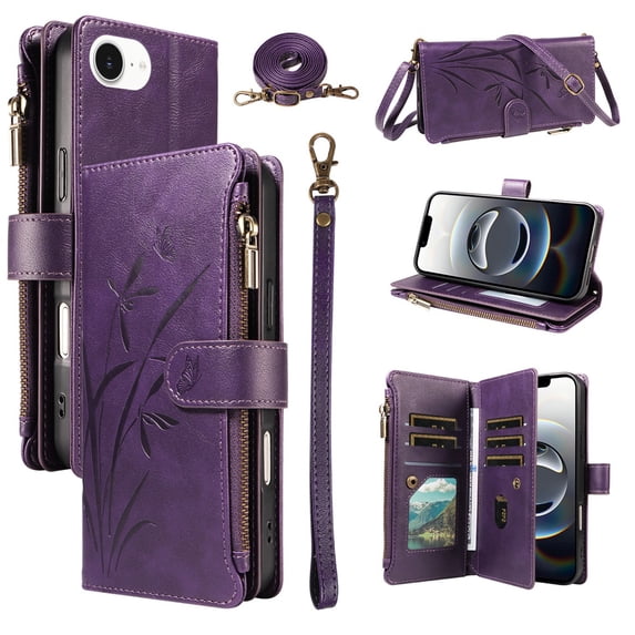 For Apple iPhone 17e Orchid Pattern Wallet Case, 9 Card Slots Zipper Pocket, Detachable Wrist & Shoulder Strap, Magnetic Shockproof Protective Phone Case,Dark Purple,For iPhone 17e