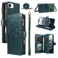 thumbnail image 1 of For Apple iPhone 17e Orchid Pattern Wallet Case, 9 Card Slots Zipper Pocket, Detachable Wrist & Shoulder Strap, Magnetic Shockproof Protective Phone Case,Green,For iPhone 17e, 1 of 9