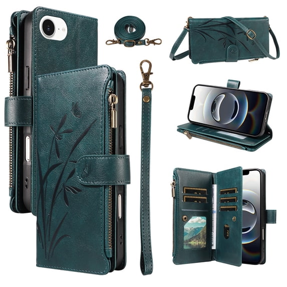 For Apple iPhone 17e Orchid Pattern Wallet Case, 9 Card Slots Zipper Pocket, Detachable Wrist & Shoulder Strap, Magnetic Shockproof Protective Phone Case,Green,For iPhone 17e
