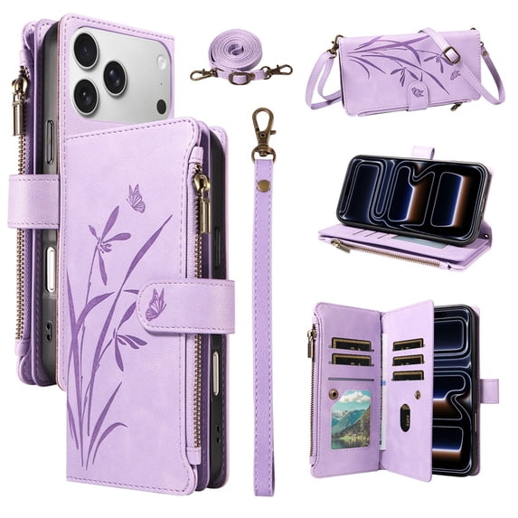 For Apple iPhone 18 Pro Max / 17 Pro Max Orchid Pattern Wallet Case, 9 Card Slots Zipper Pocket, Detachable Wrist & Shoulder Strap, Magnetic Shockproof Protective Phone Case,Purple