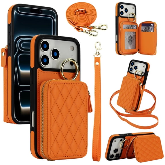 For Apple iPhone 18 Pro RFID Blocking Wallet Case Magnetic Flip Cover Multi-Card Slots Zipper Pocket With Ring Clasp Detachable Shoulder Strap And Wrist Strap,Orange,For iPhone 18 Pro