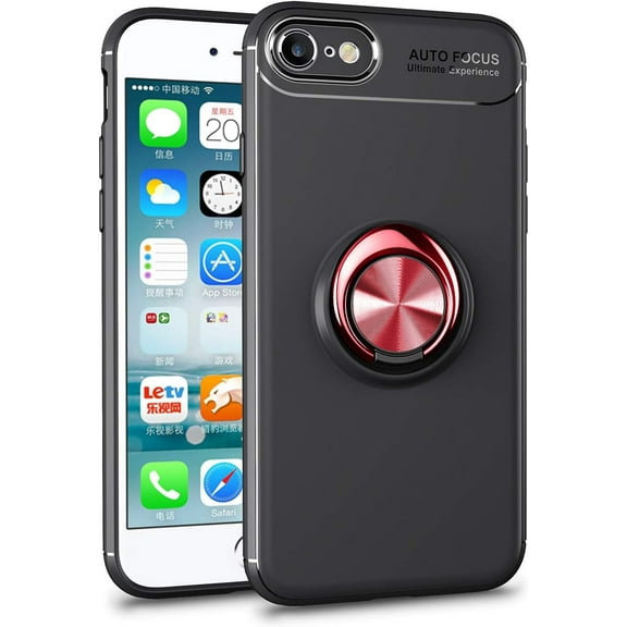 for Apple iPhone 7/8 Case,360 Degree Rotation Invisible Metal Ring Kickstand Protective Case Compatible Magnetic Car Mount Soft TPU Ultra-Slim Case for iPhone SE 2nd Generation,Black+Red
