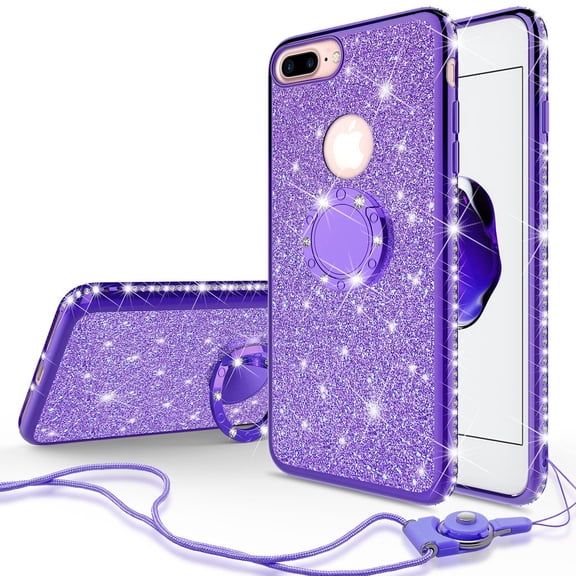 Apple iPhone 7/8 Plus Case, Glitter Cute Phone Case Girls Kickstand, Bling Diamond Rhinestone Bumper Ring Stand Sparkly Luxury Clear Soft Protective iPhone 7 Plus Case for Girl Women - Purple