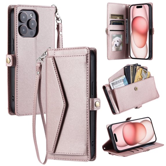 For Apple iPhone 8 Plus/7 Plus Case Wallet, Cards Holder RFID Blocking Crossbody Shoulder Strap Hand Wrist Bumper Shockproof Flip Cover Stand Protective PU Leather Phone Case for Girls Women,Rosegold