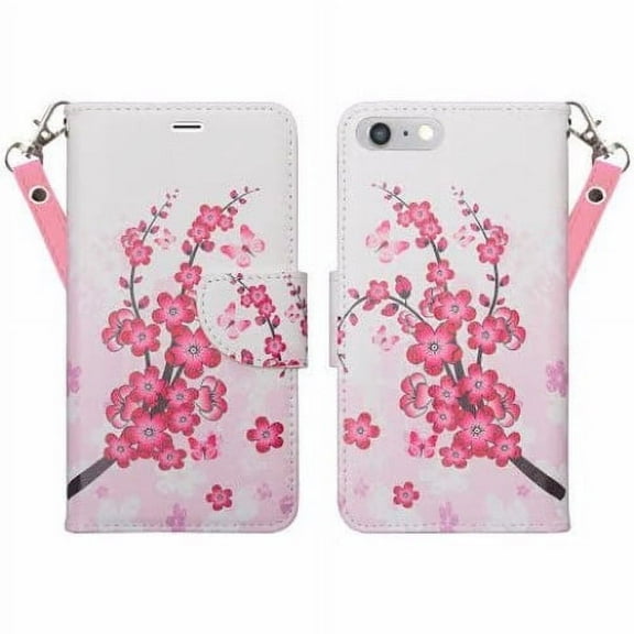 Apple iPhone 8 Plus/7 Plus Case, Wrist Strap Pu Leather Magnetic Flip Fold[Kickstand] Wallet Case with ID & Card Slots for Iphone 7 Plus - Cherry Blossom