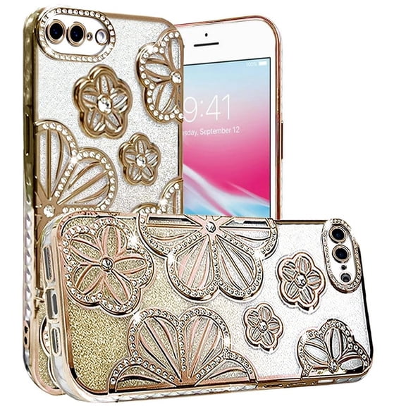 For Apple iPhone 8 Plus/7 Plus Luxury Floral Design Sparkle Glitter Diamond Crystal Rhinestone Shimmer Bling Plating Thick TPU Hard PC Cover, XPM Phone Case [Flower Gold]