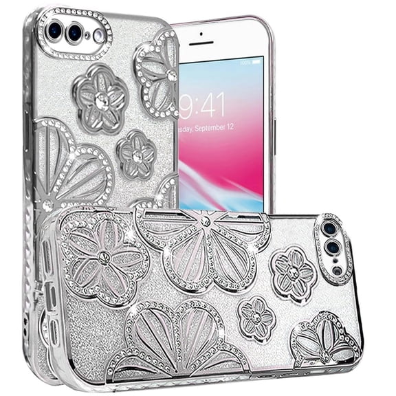 For Apple iPhone 8 Plus/7 Plus Luxury Floral Design Sparkle Glitter Diamond Crystal Rhinestone Shimmer Bling Plating Thick TPU Hard PC Cover, XPM Phone Case [Flower Silver]