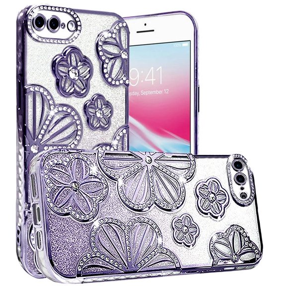 For Apple iPhone 8 Plus/7 Plus Luxury Floral Design Sparkle Glitter Diamond Crystal Rhinestone Shimmer Bling Plating Thick TPU Hard PC Cover, XPM Phone Case [Flower Purple]