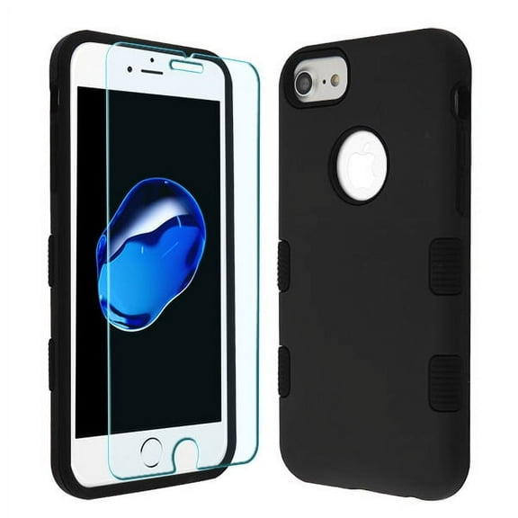 Apple iPhone 8, iPhone 7, iPhone 6 /6s Phone Case & Screen Protector [2 in 1 Bundle Package] Tempered Glass + BLACK Hybrid Shockproof Bumper Rugged Slim Protective Cover for Apple iPhone 8 /7 / 6 /6S