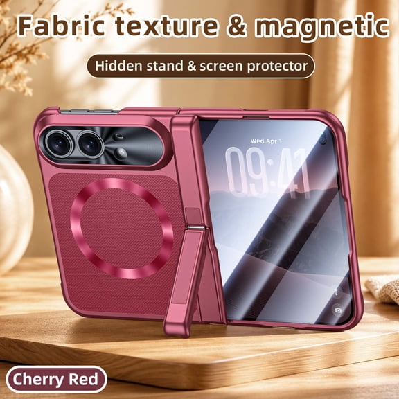 For Apple iPhone Duo Foldable Phone Case with Hinge and Screen Protection, Built-In Magnetic Ring and Kickstand, Slim Protective Cover with Raised Camera Guard, Fold-Friendly Design ,Cherryred